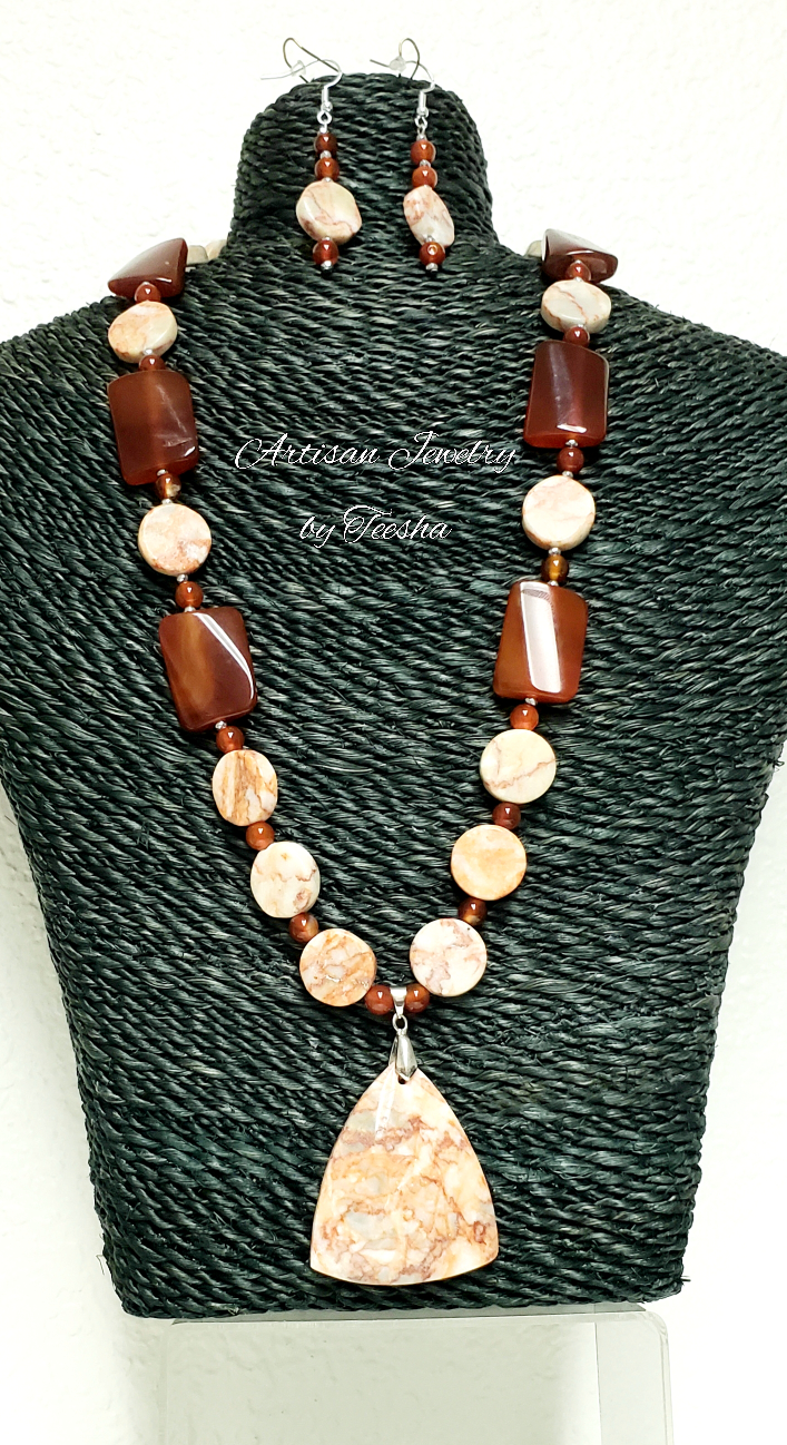 Women's Carnelian and red vein jasper necklace set.