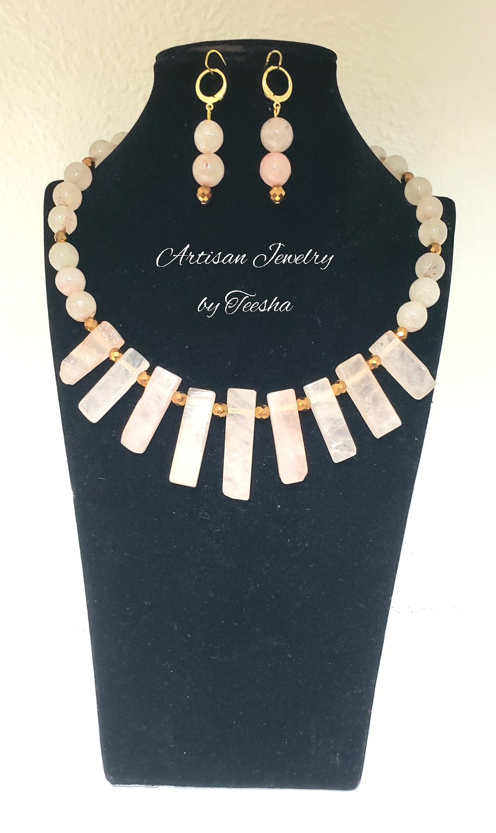 Rose quartz bib necklace set.