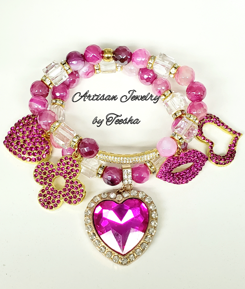 Electroplated fushia agate charm bracelet set.