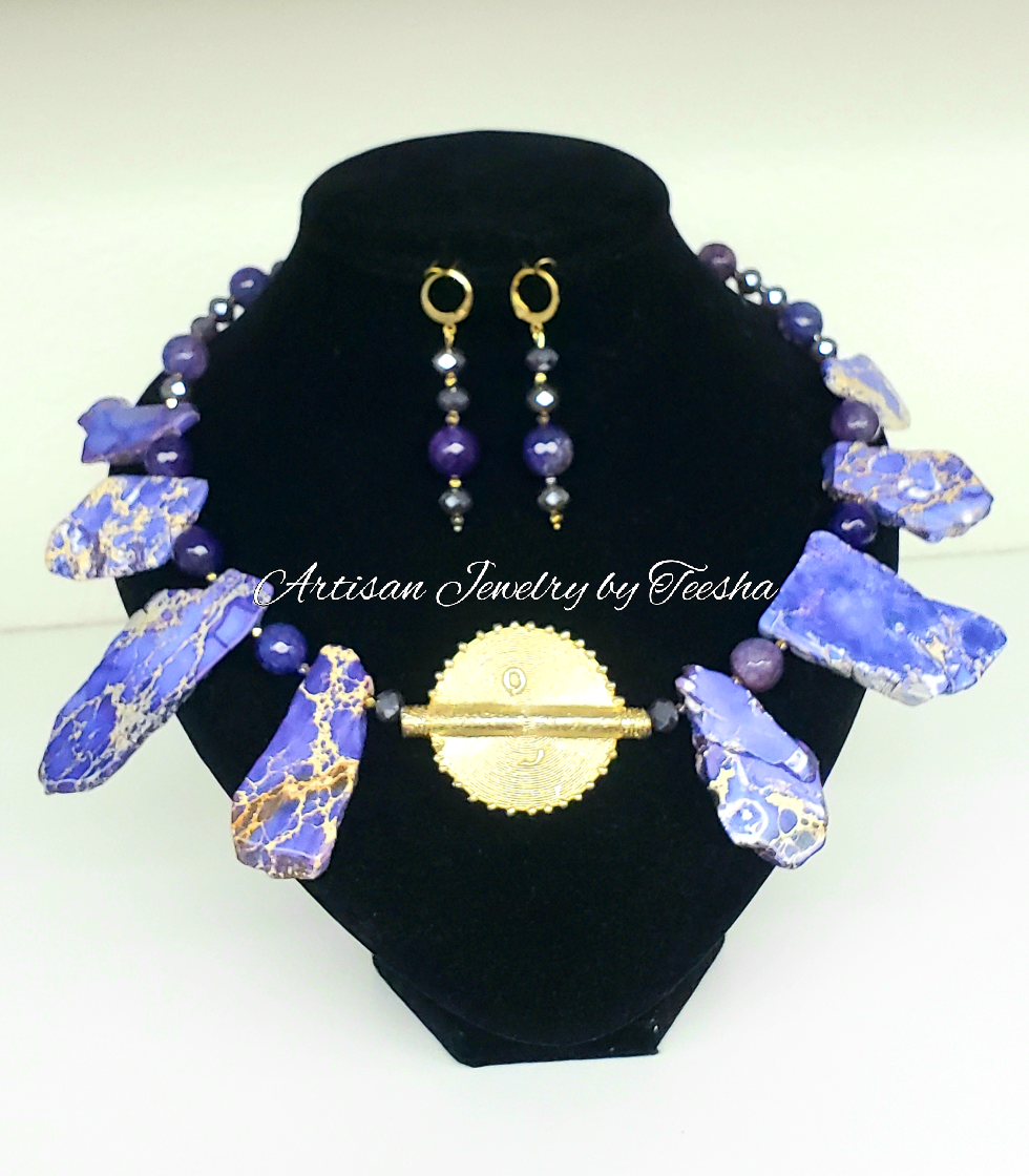 Women's purple imperial jasper choker/bib set