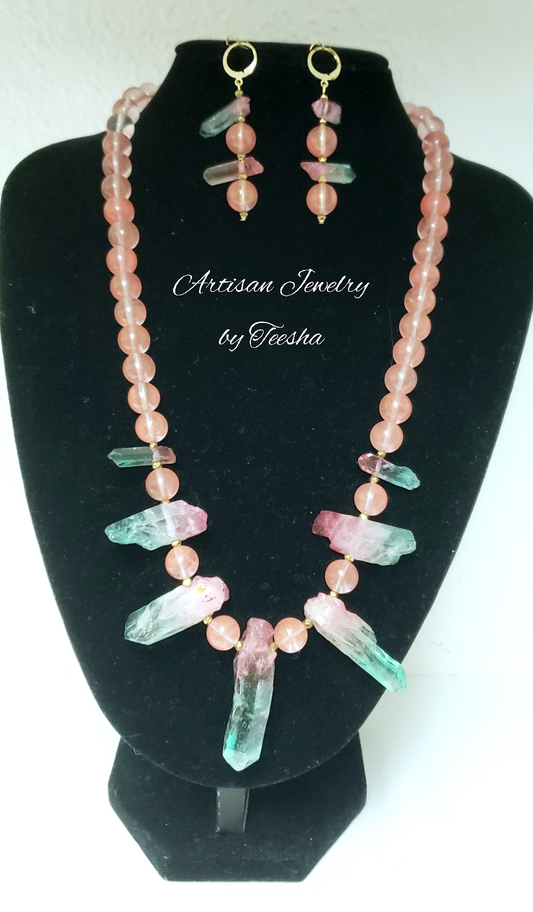 Women's watermelon and cherry quartz necklace set.