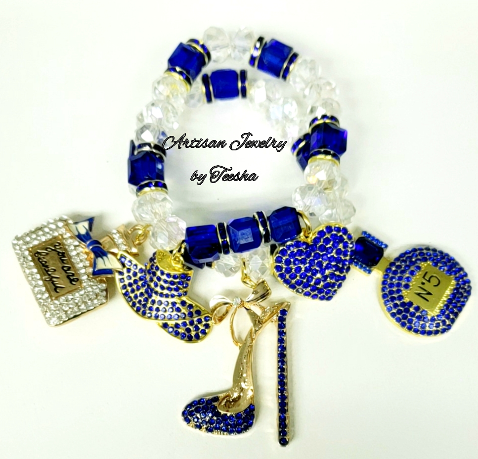 Royal blue and clear glass crystals charm bracelet set.